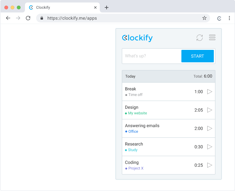 Clockify Chrome extension timer list