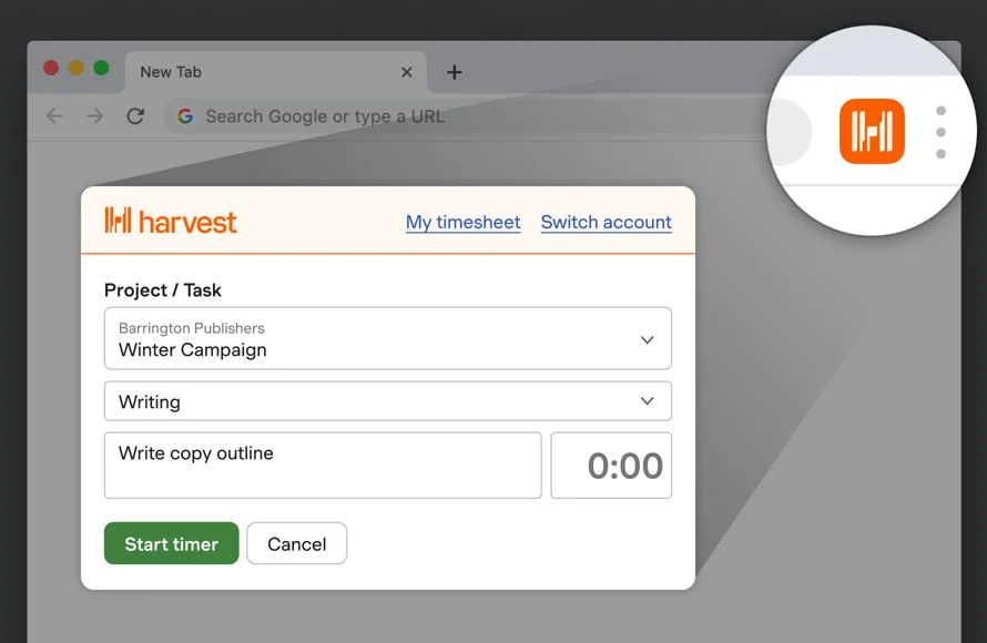 Harvest browser extension timer popup