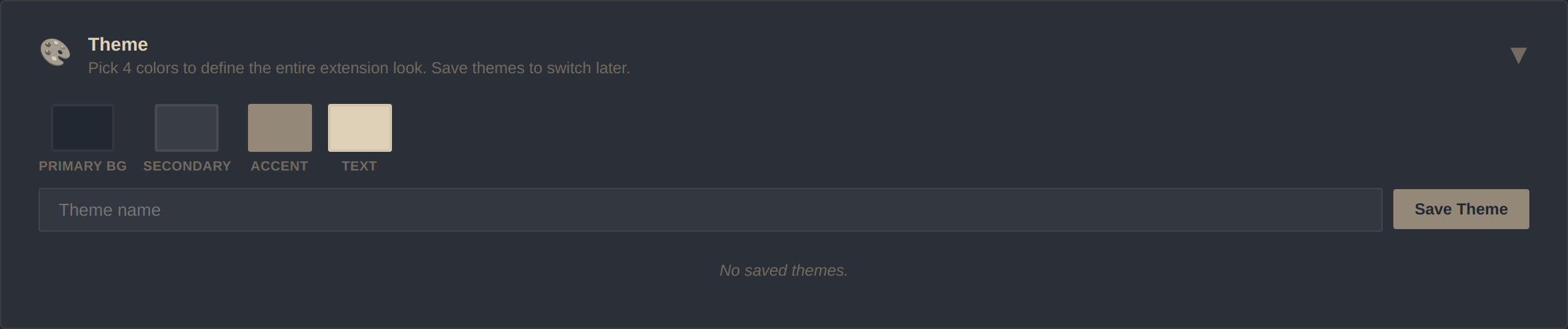 Theme engine with color picker wheels and saved theme presets