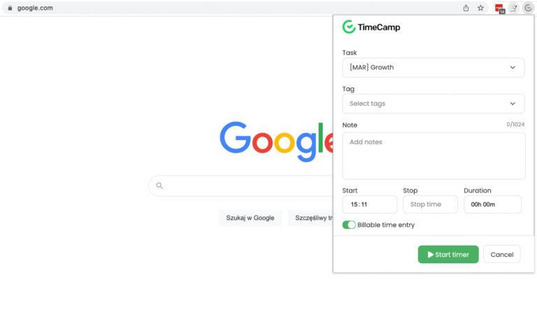 TimeCamp Chrome extension popup
